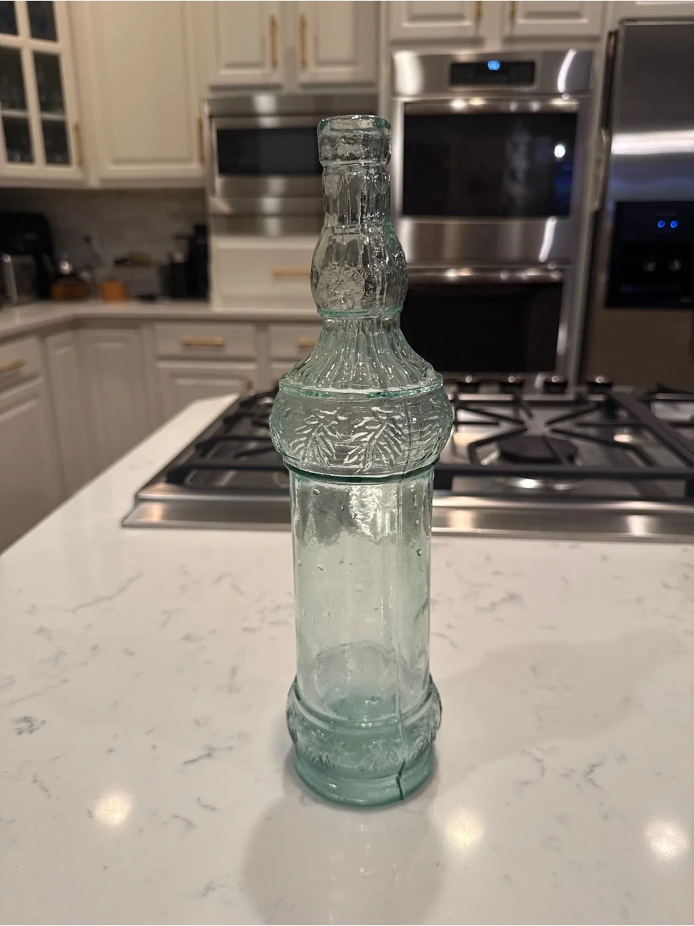 Vintage Spanish Recycled Glass Bottle Vase Aqua Green Embossed Pinecone